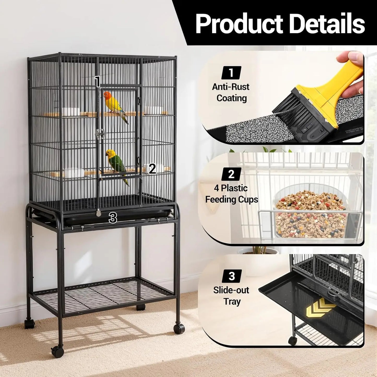 HiMISSCN Wrought Iron Bird Flight Cage With Rolling Stand