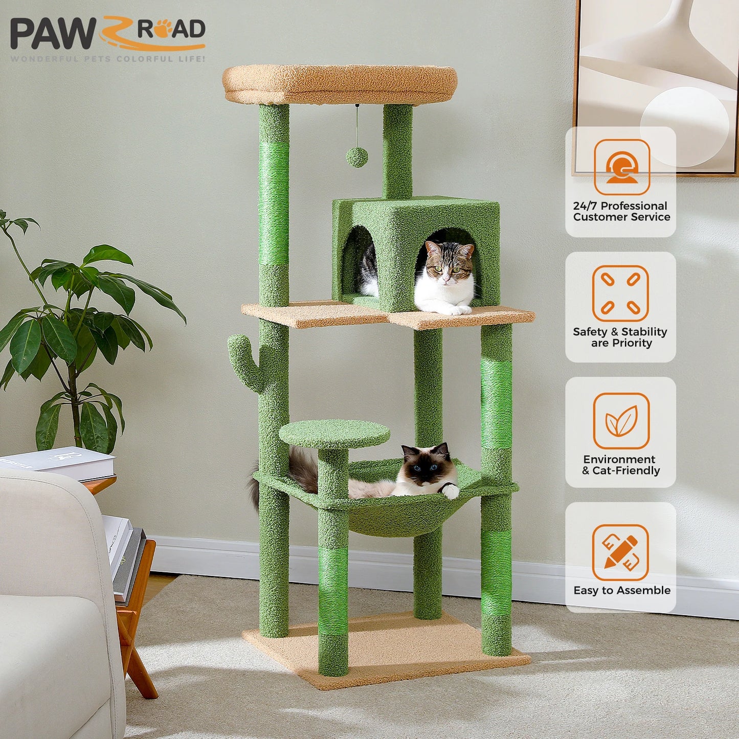 PAWZ Road Cactus Cat Tree Tower for Large Indoor Cats with Top Perch