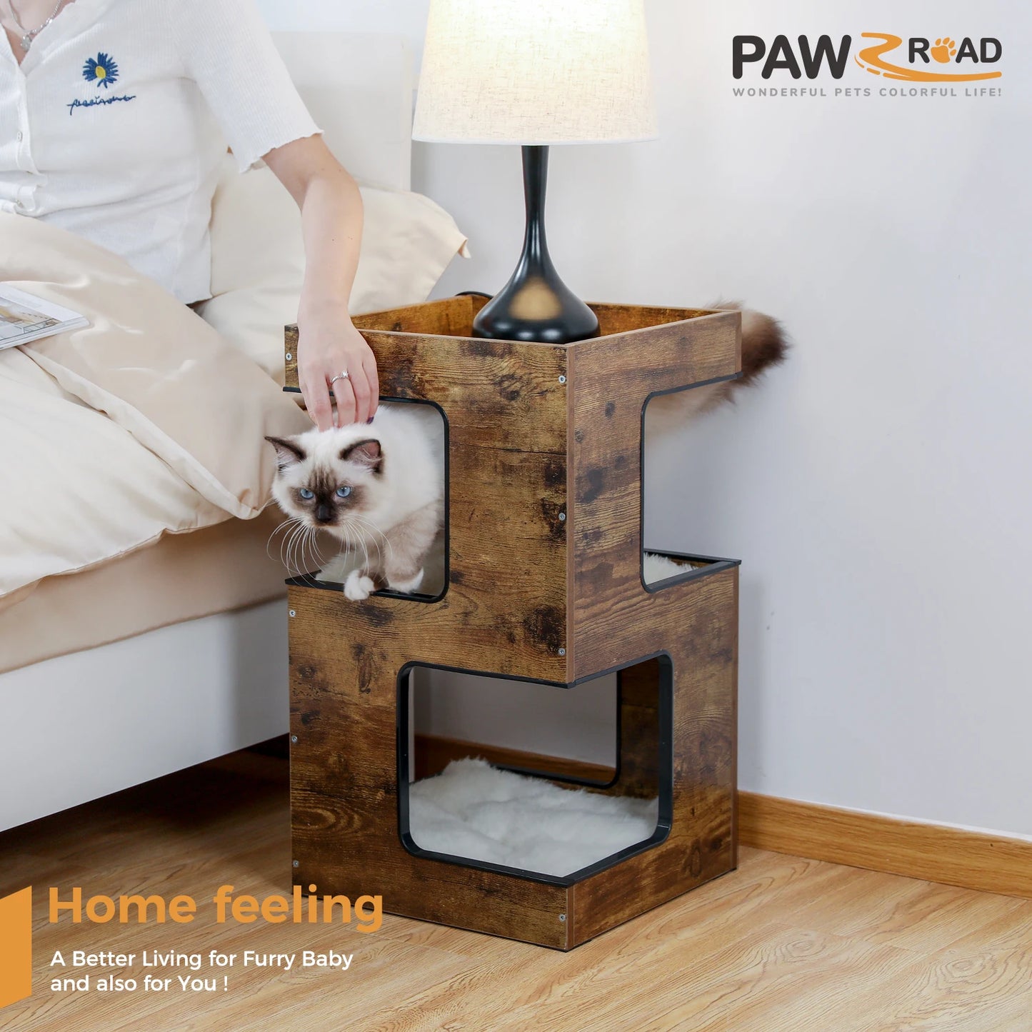 PAWZ Road Wood Cat Condo House Bed With Removable Mats