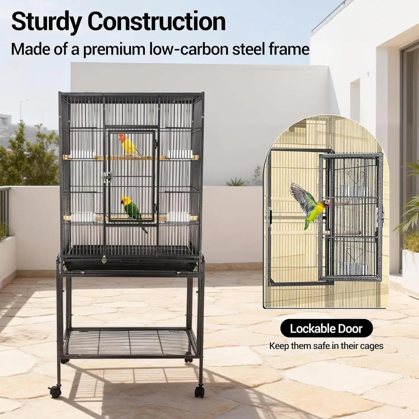 HiMISSCN Wrought Iron Bird Flight Cage With Rolling Stand