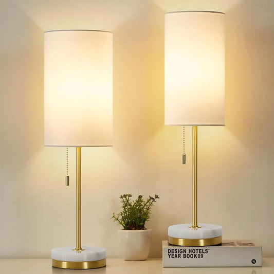 Modern Marble Base Table Lamp Set Of 2 With Fabric Shade And Pull Chain