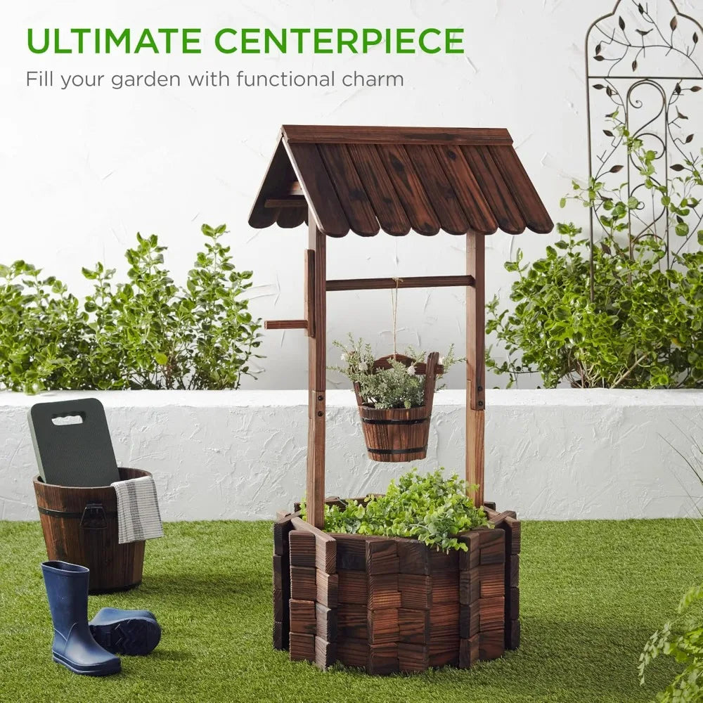 Rustic Wooden Wishing Well Planter for Patio and Garden