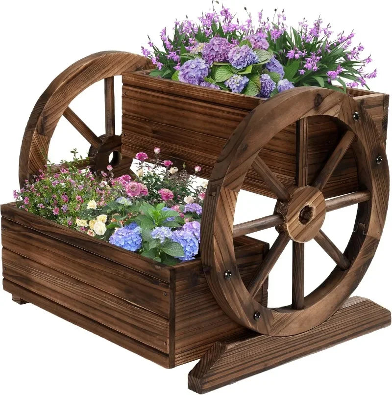 Wooden Wagon Planter Box With Wheels For Indoor Outdoor Decor