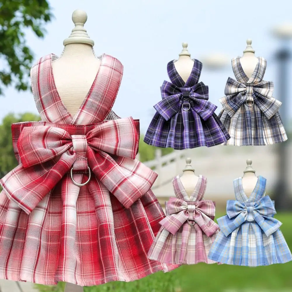 Plaid JK Style Dog Dress With Leash Harness And Bow