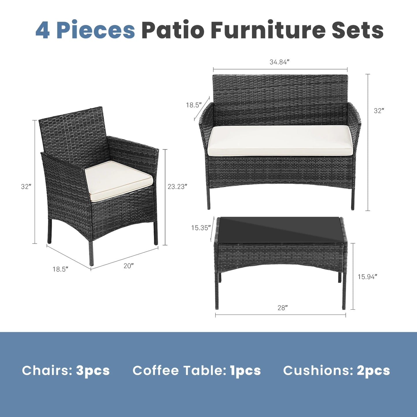 JHK Outdoor Wicker Rattan Patio Furniture Set With Glass Table