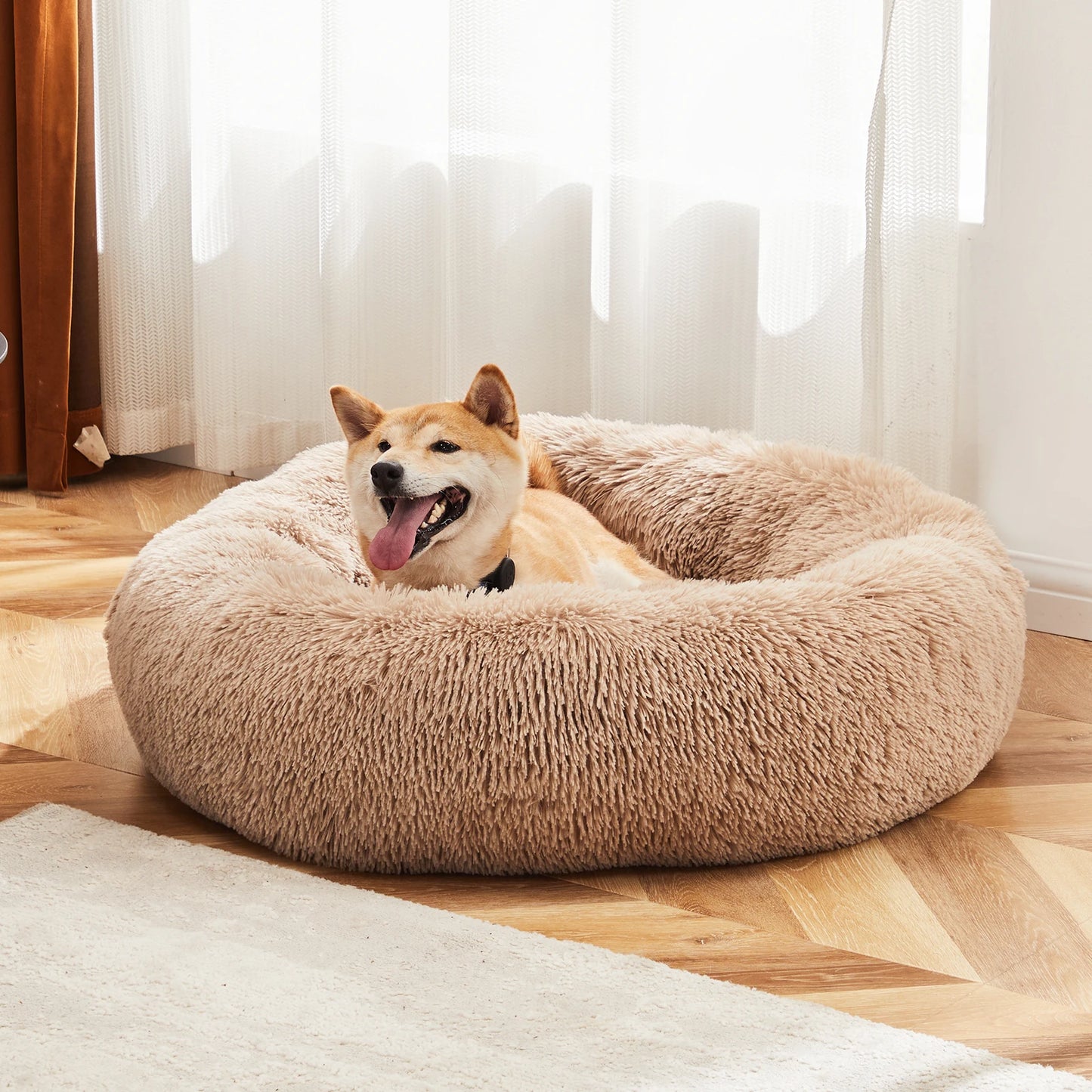JHK Calming Round Plush Dog Bed Anti-Slip Washable Faux Fur