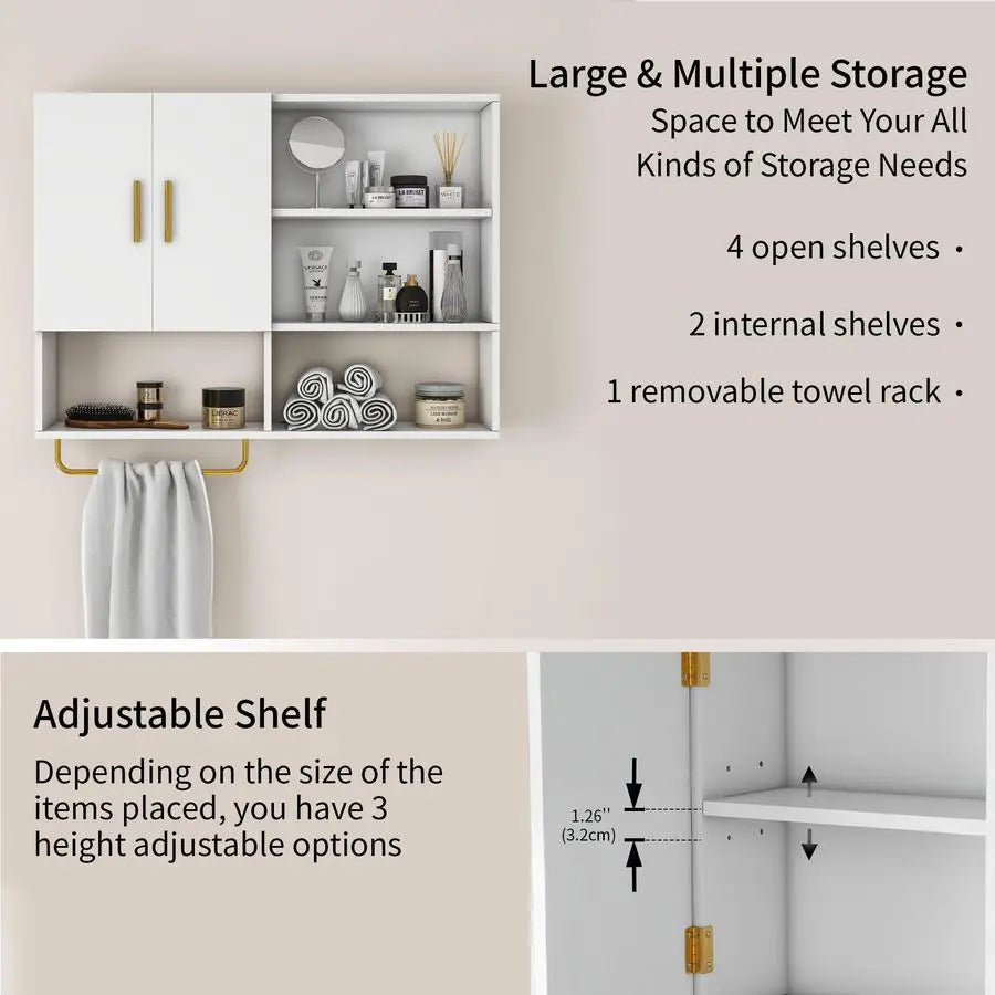 Over Toilet Wall Mounted Medicine Cabinet With 2 Doors And 4 Shelves