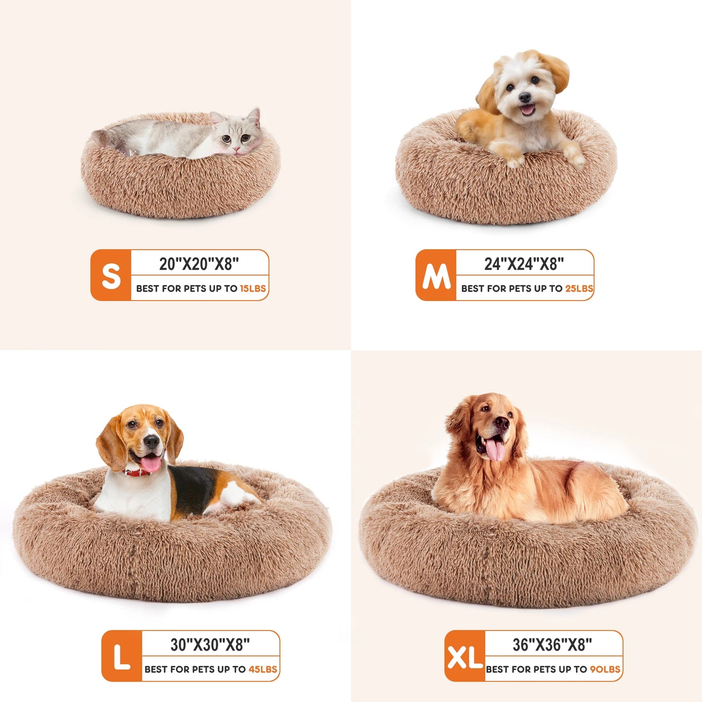 JHK Calming Round Plush Dog Bed Anti-Slip Washable Faux Fur