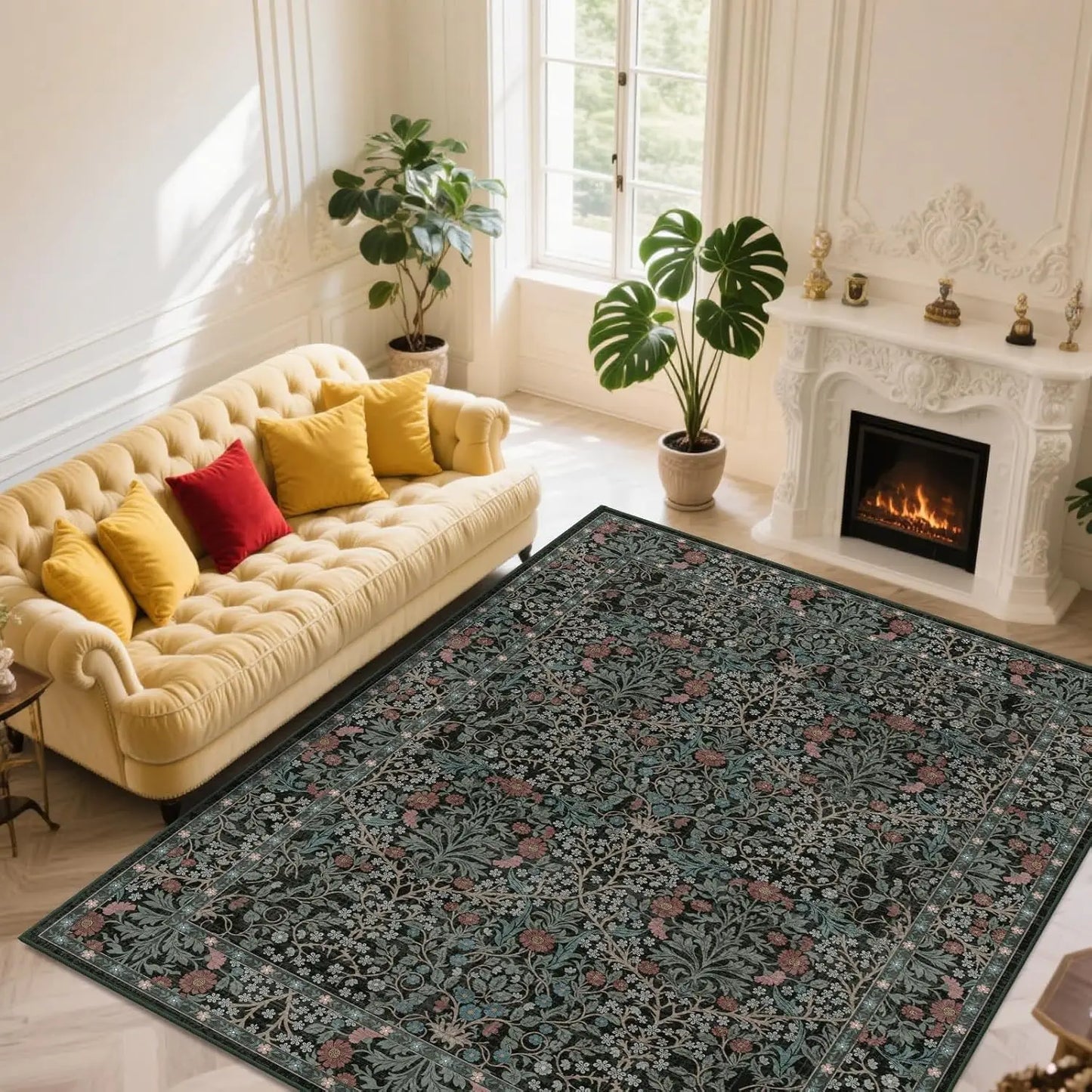 Washable Vintage Floral Rug Non Slip Stain Resistant Cotton
