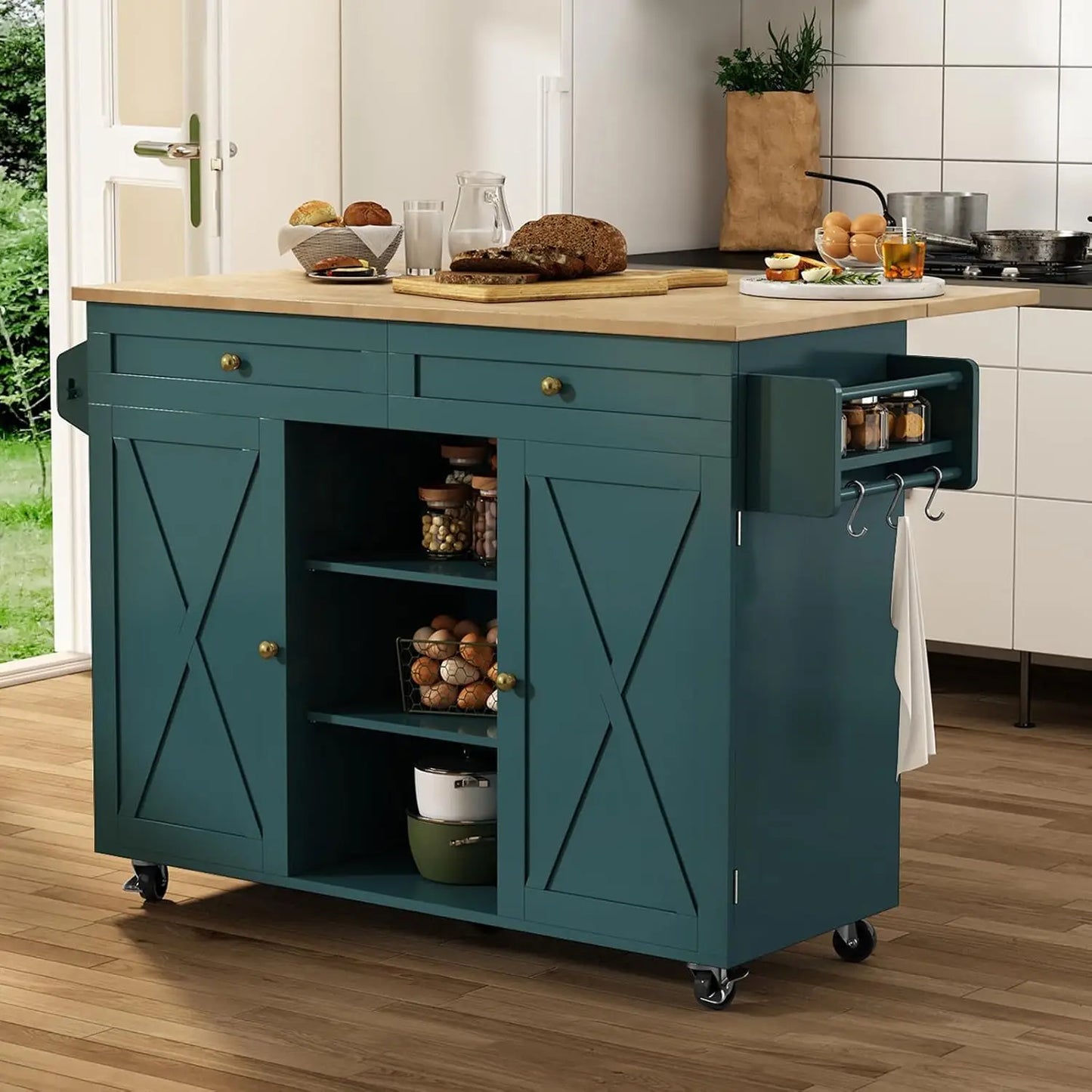 Kitchen Island On Wheels With Drop Leaf And Barn Door