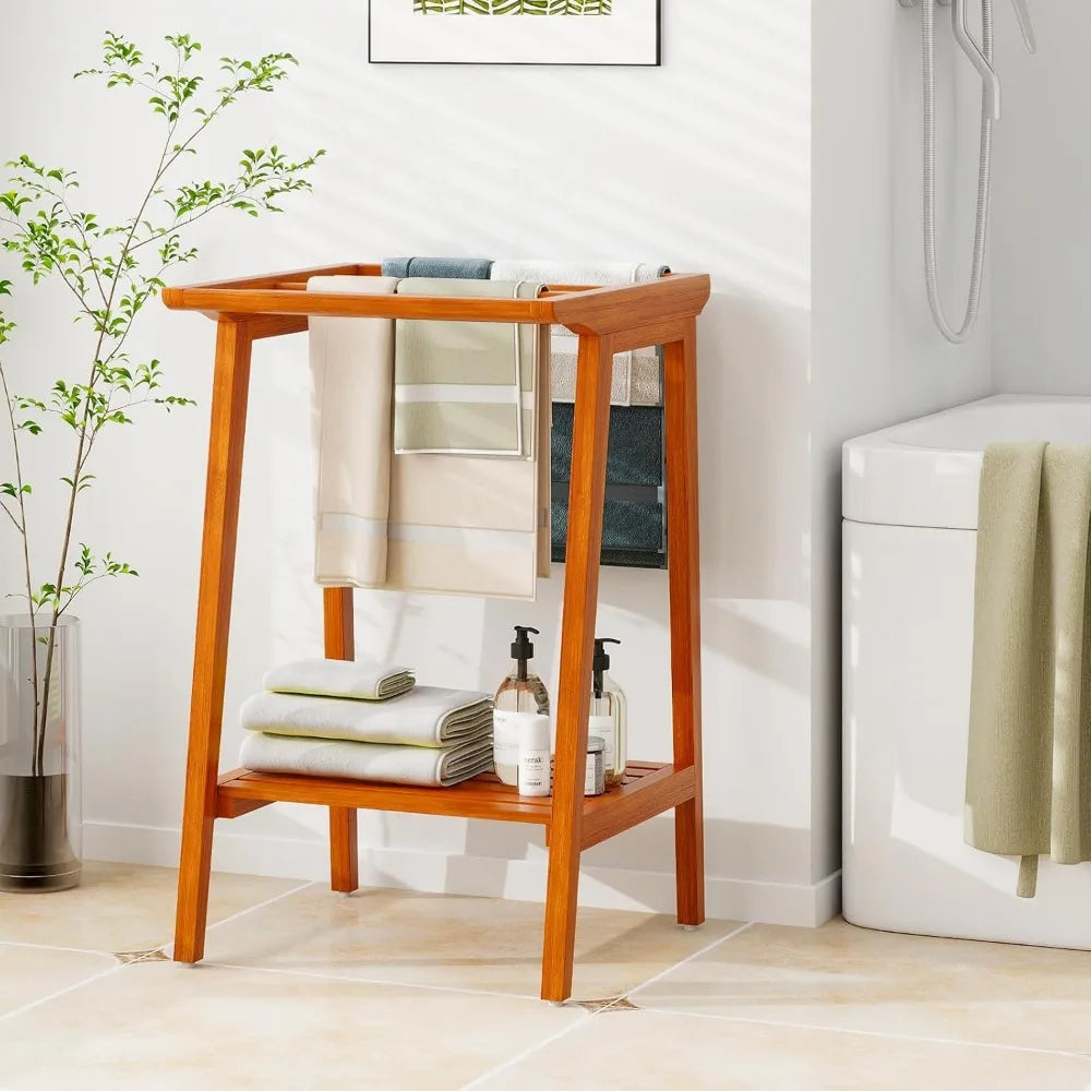 DAFIFY Freestanding Teak Towel Rack With Storage Shelf