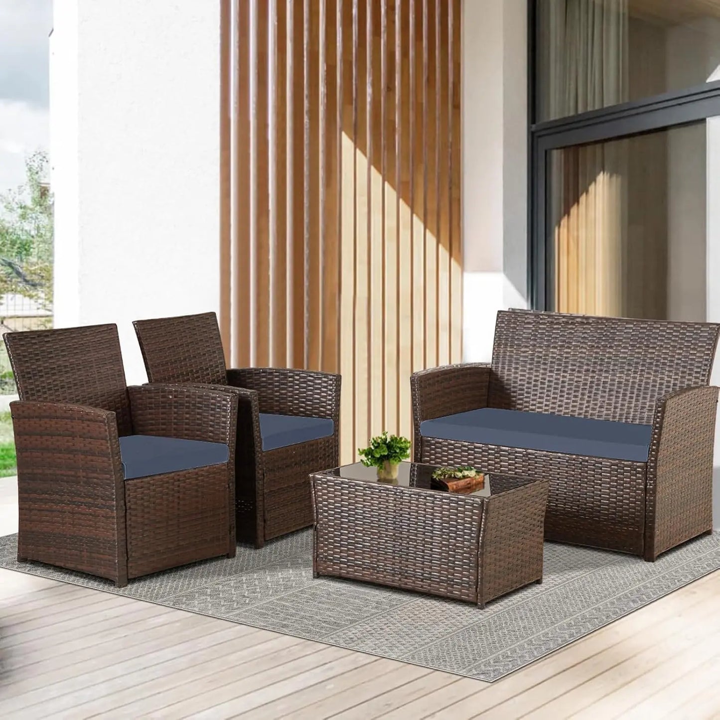Outdoor 4 Piece Wicker Patio Furniture Set with Table