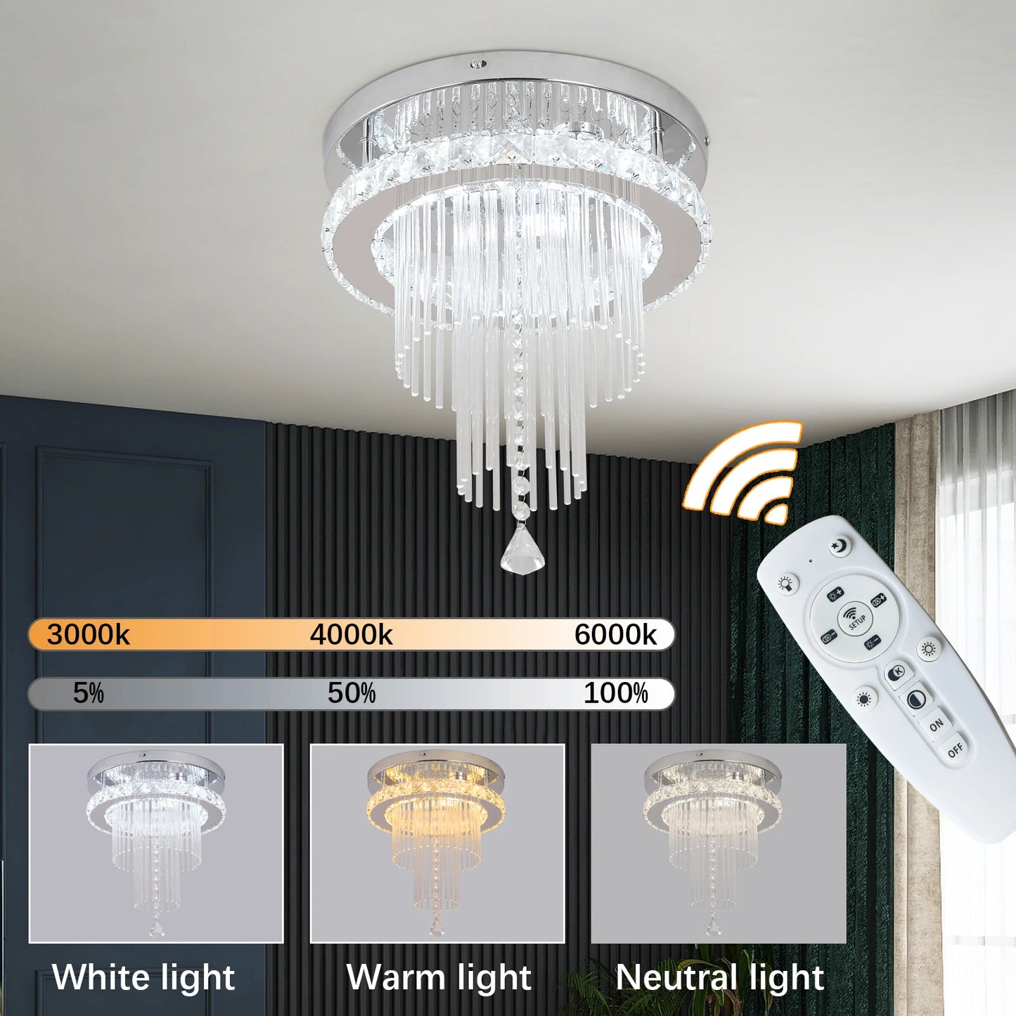 Deckrico Drop Crystal Pendant LED Chandelier For Living Room