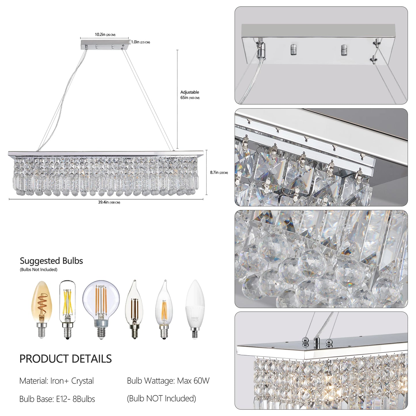 ARLGSITE Modern Crystal Chandelier Chrome Finish Rectangular Pendant