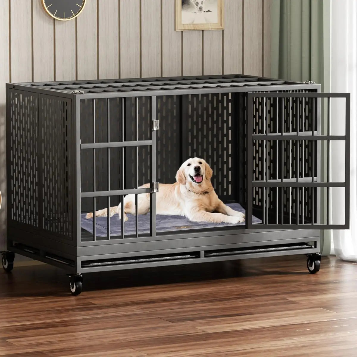 Ufsagcg Heavy Duty Folding Dog Crate With Wheels For Large Dogs