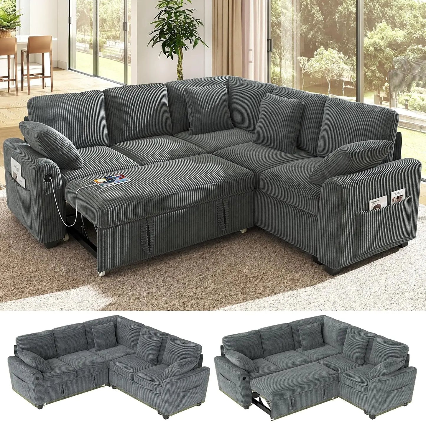 XIAOLANG L Shaped Sectional Sofa Bed With Storage And USB Ports