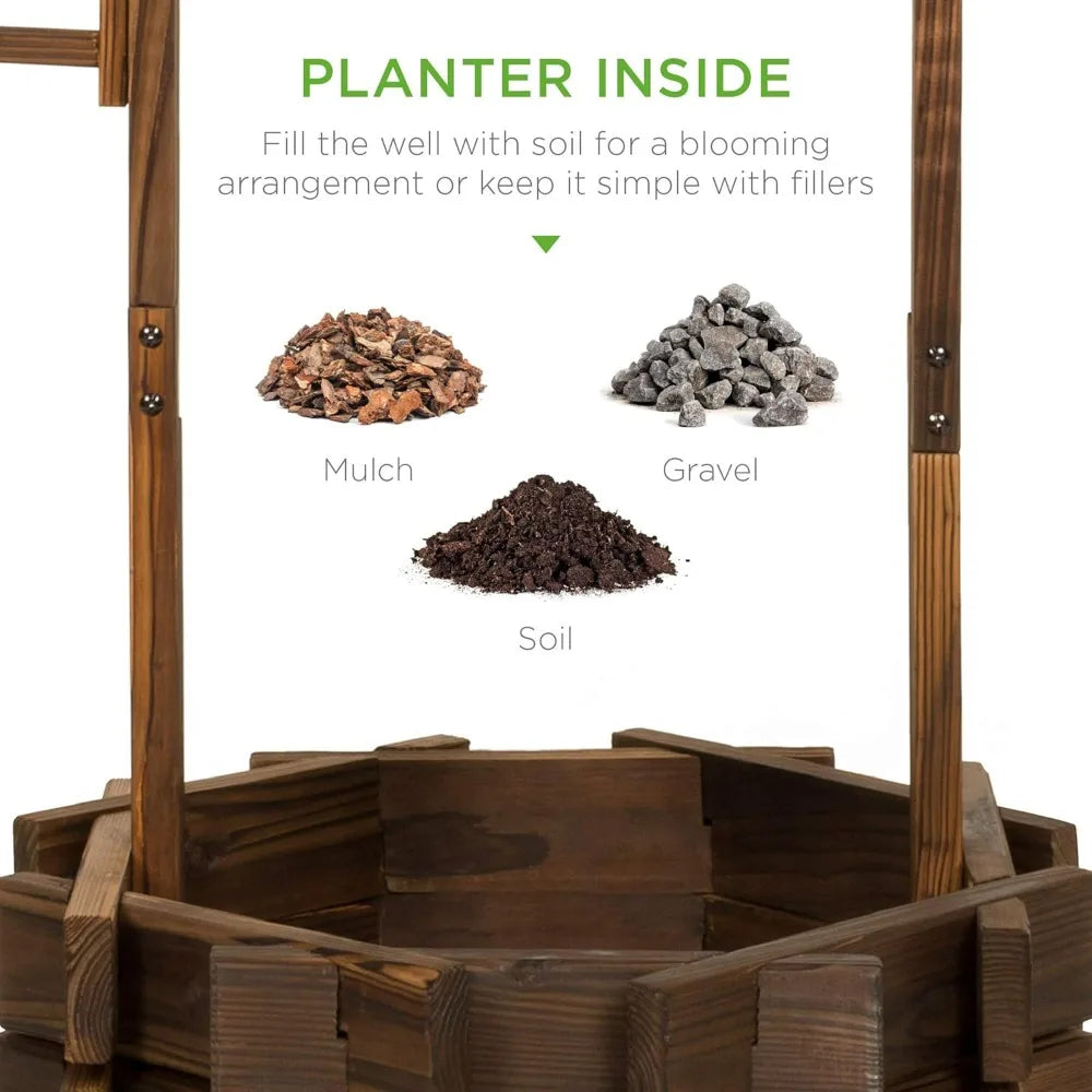 Rustic Wooden Wishing Well Planter for Patio and Garden