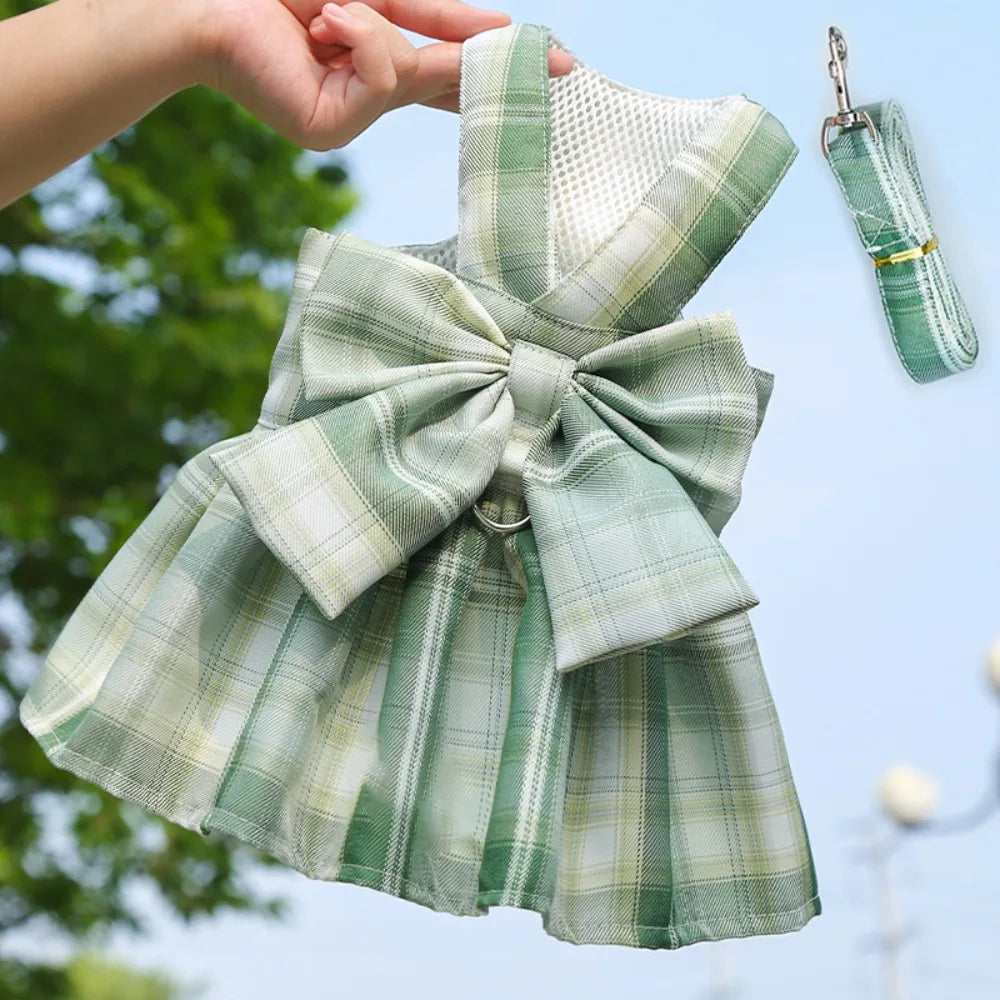 Plaid JK Style Dog Dress With Leash Harness And Bow