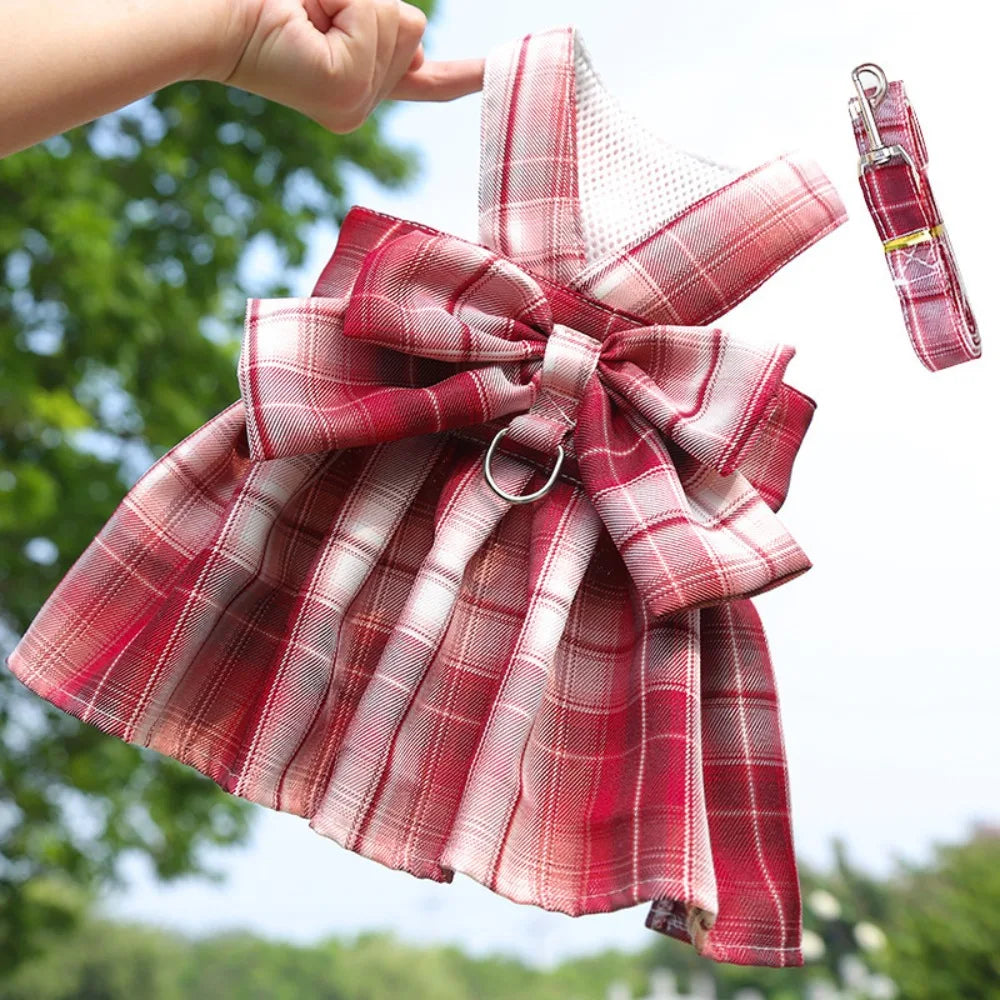 Plaid JK Style Dog Dress With Leash Harness And Bow