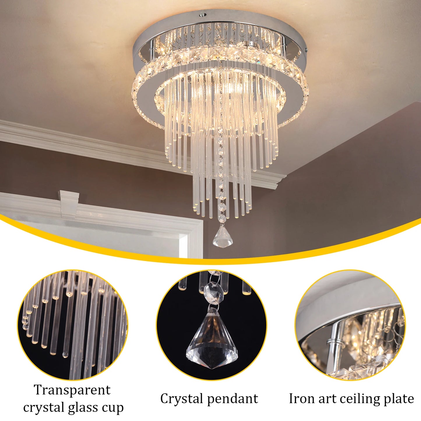 Deckrico Drop Crystal Pendant LED Chandelier For Living Room