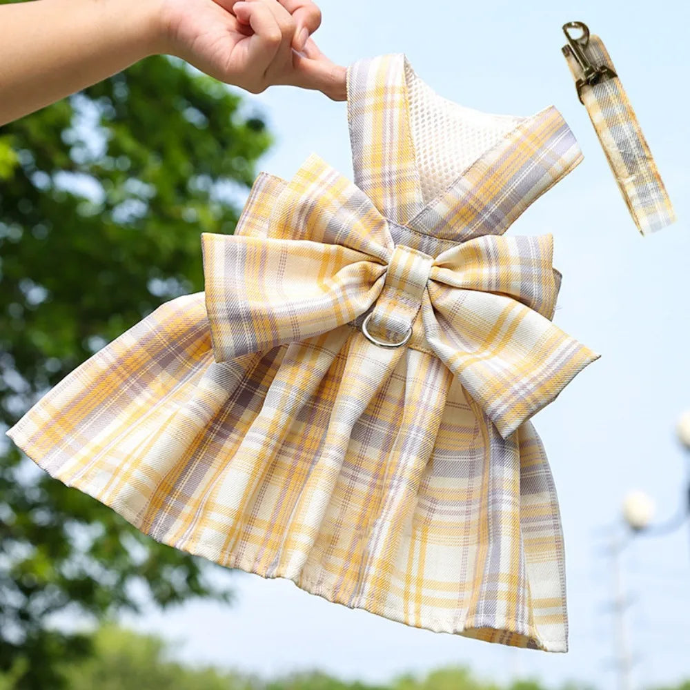 Plaid JK Style Dog Dress With Leash Harness And Bow