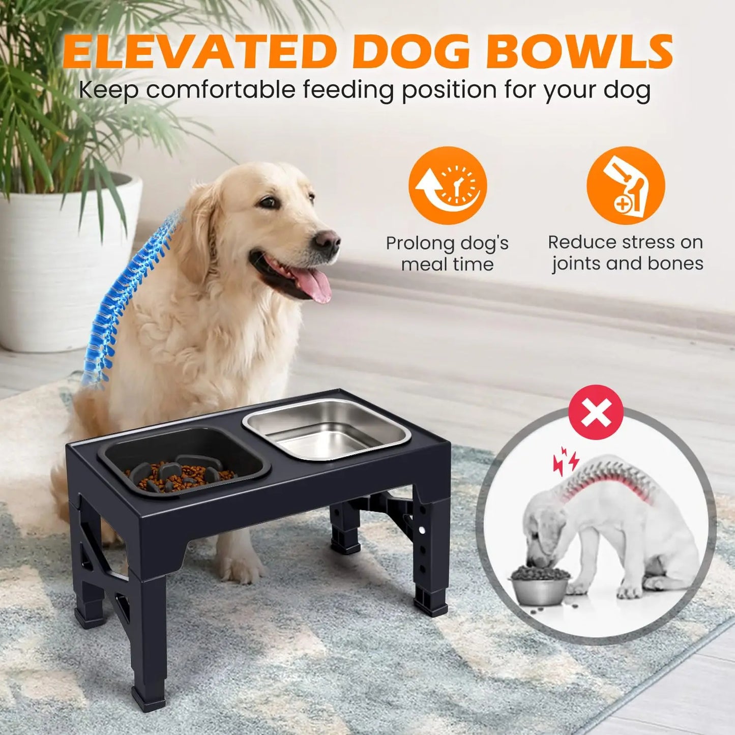 2-In-1 Elevated Slow Feeder Dog Bowls Non-Slip With Foldable Stand