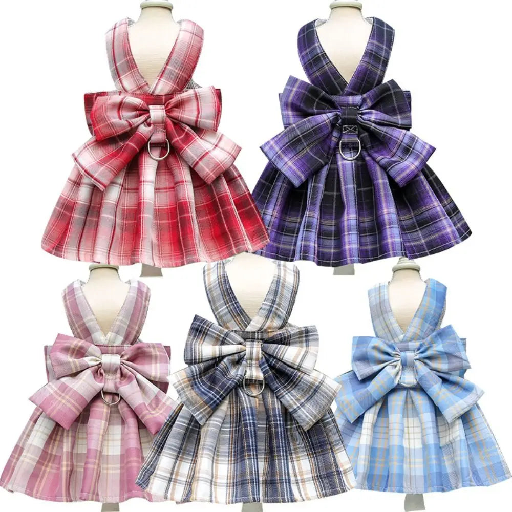 Plaid JK Style Dog Dress With Leash Harness And Bow