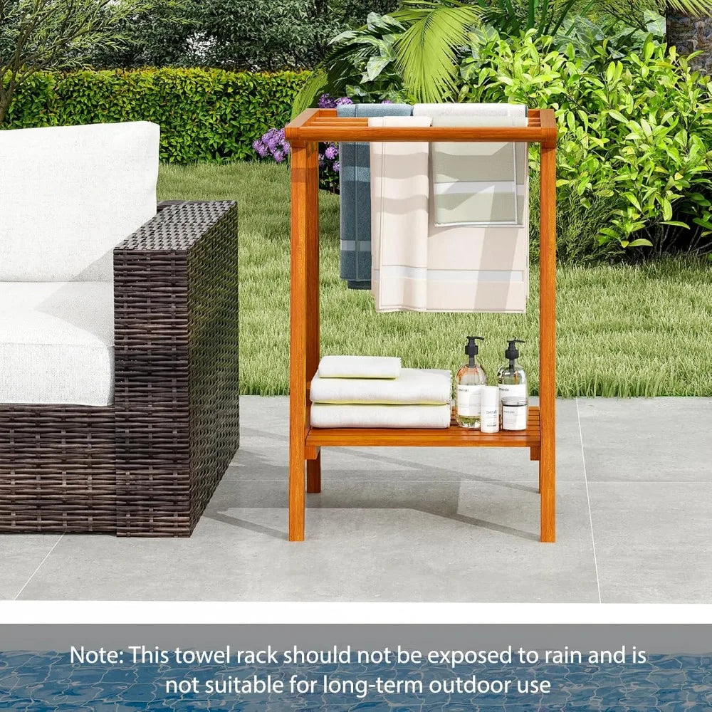 DAFIFY Freestanding Teak Towel Rack With Storage Shelf