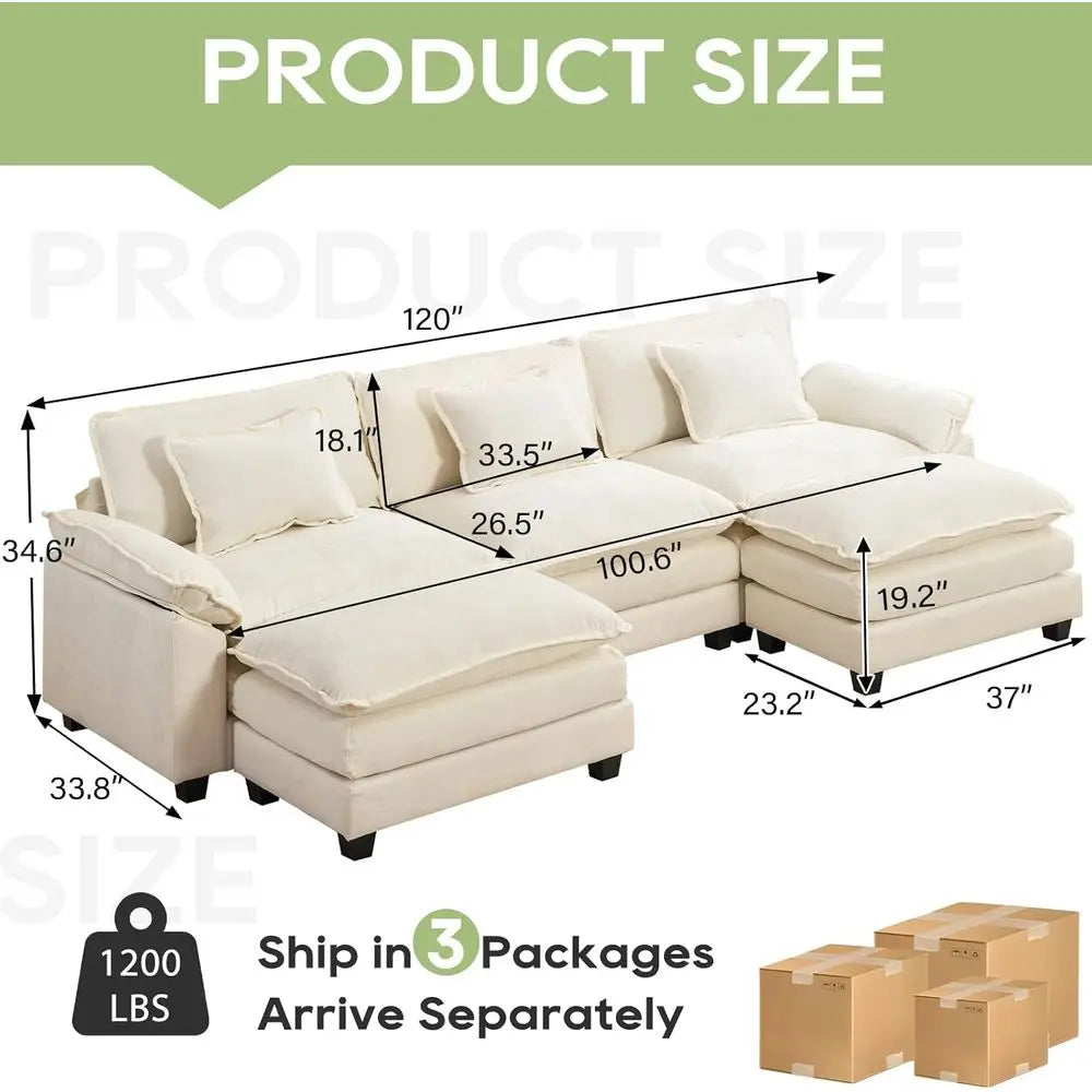 Chaise Sectional Sofa With Ottoman Plush Chenille Sleeper Couch