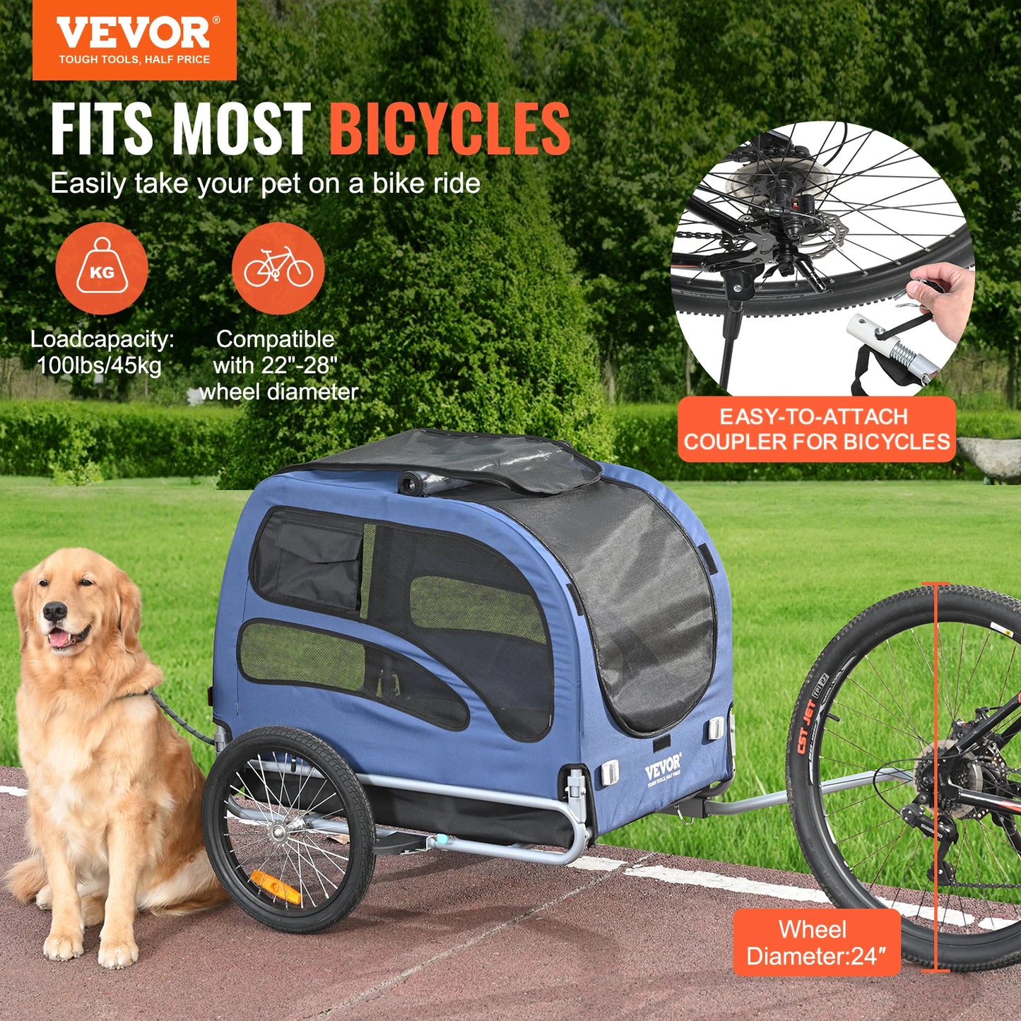 Dog Bike Trailer Carrier 100lbs Pet Cart With Reflectors And Flag