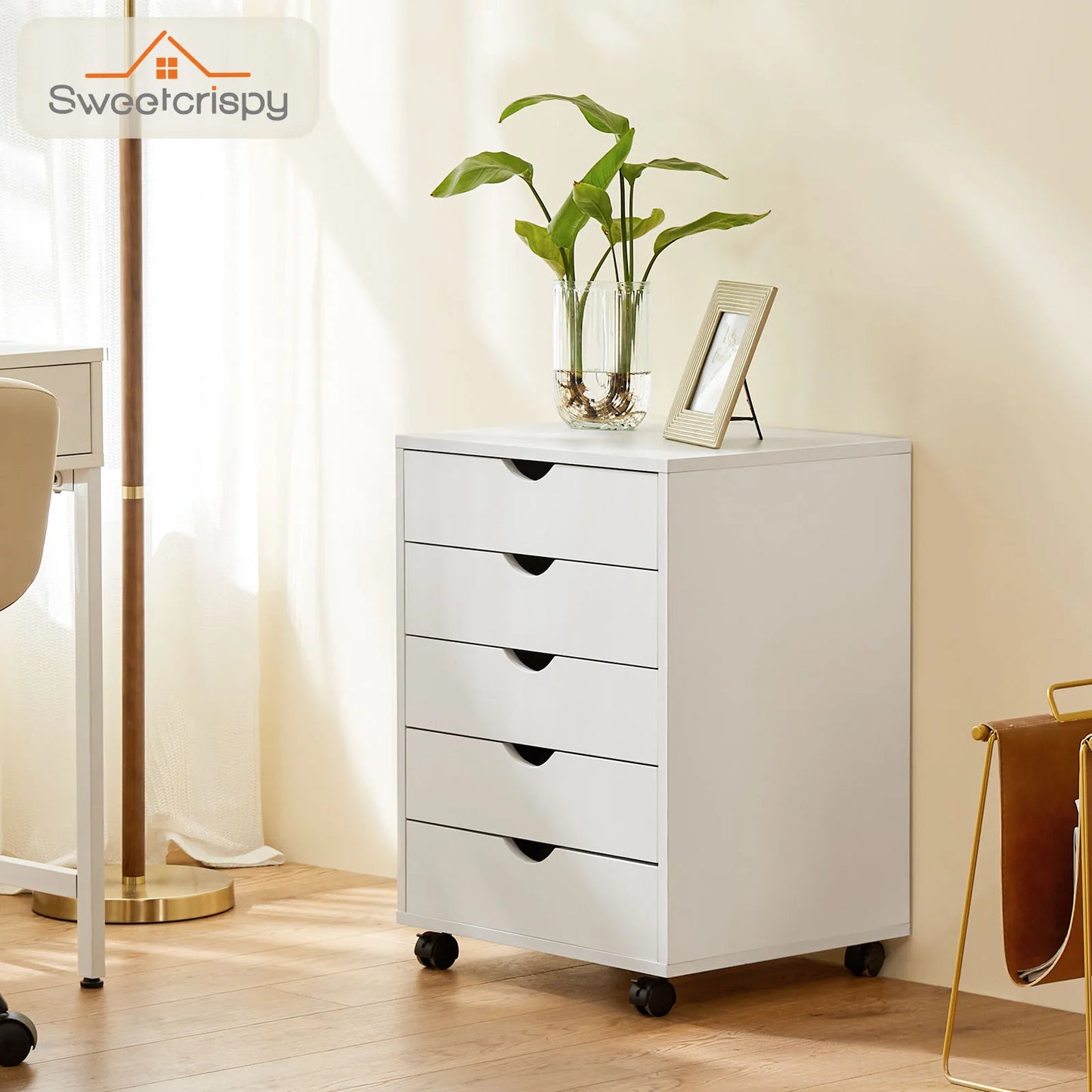 JHK Wood Nightstand 5 Drawer Storage Organizer With Rollers