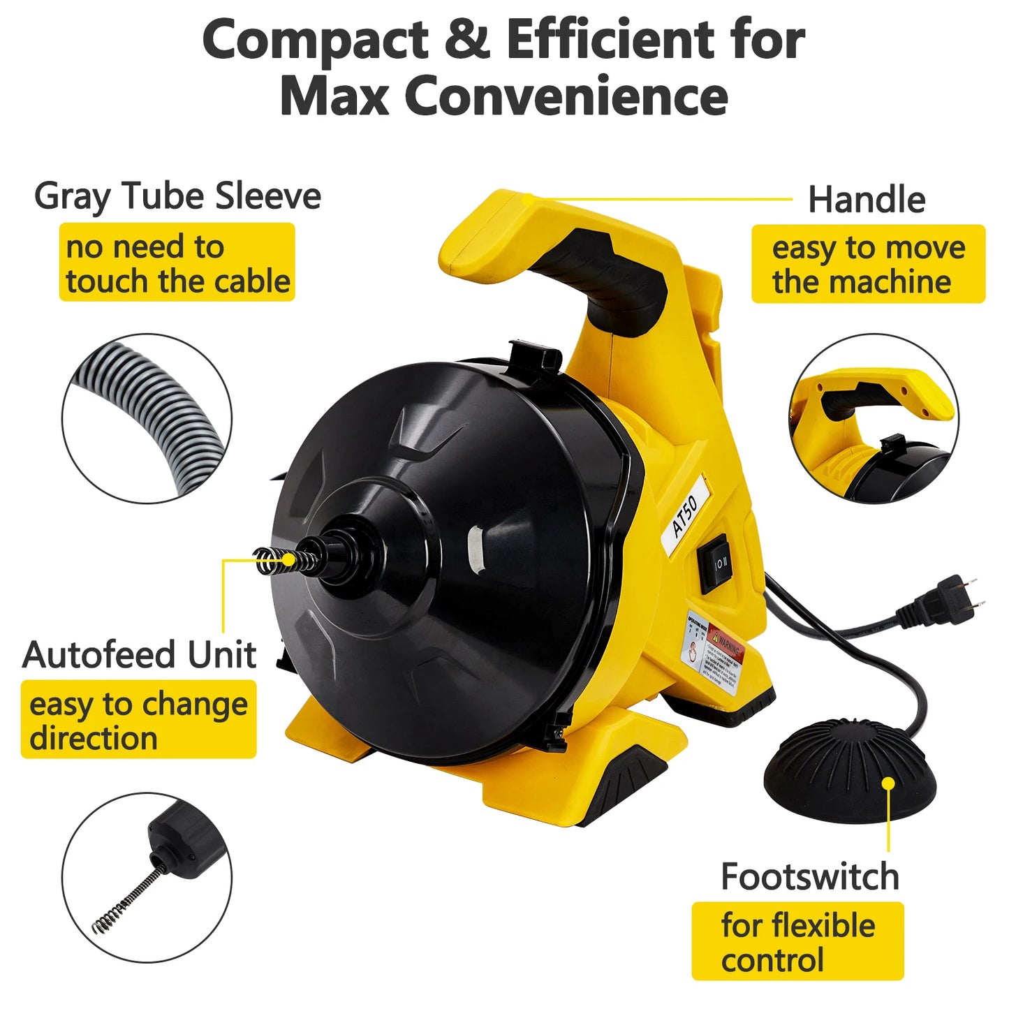 HiMISS Auto Feed Drain Cleaner Auger With Foot Switch