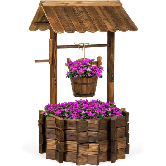 Rustic Wooden Wishing Well Planter for Patio and Garden
