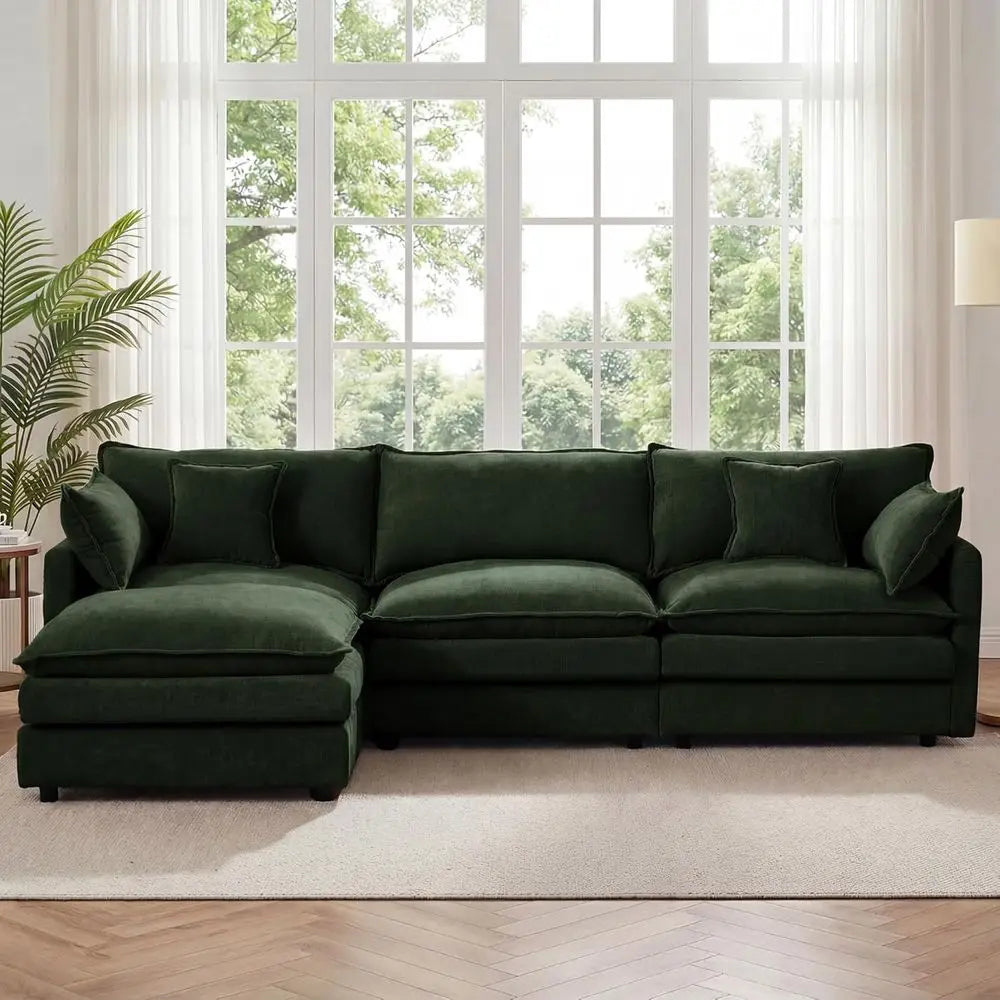 L Shaped Sectional Sofa Chenille Upholstery Ottoman