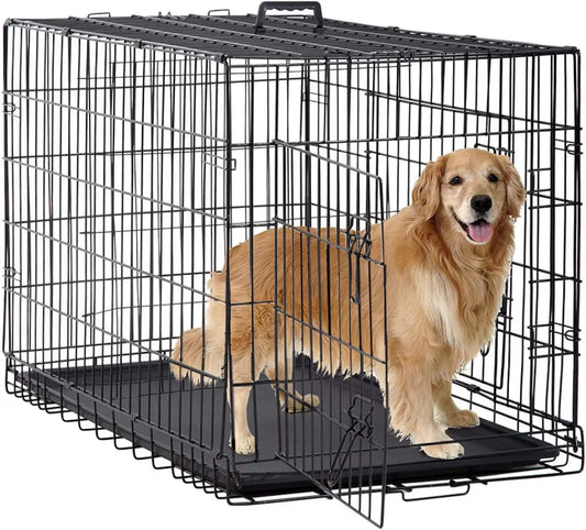 BestPet Dog Crate Folding Kennel With Double Doors Leakproof Tray