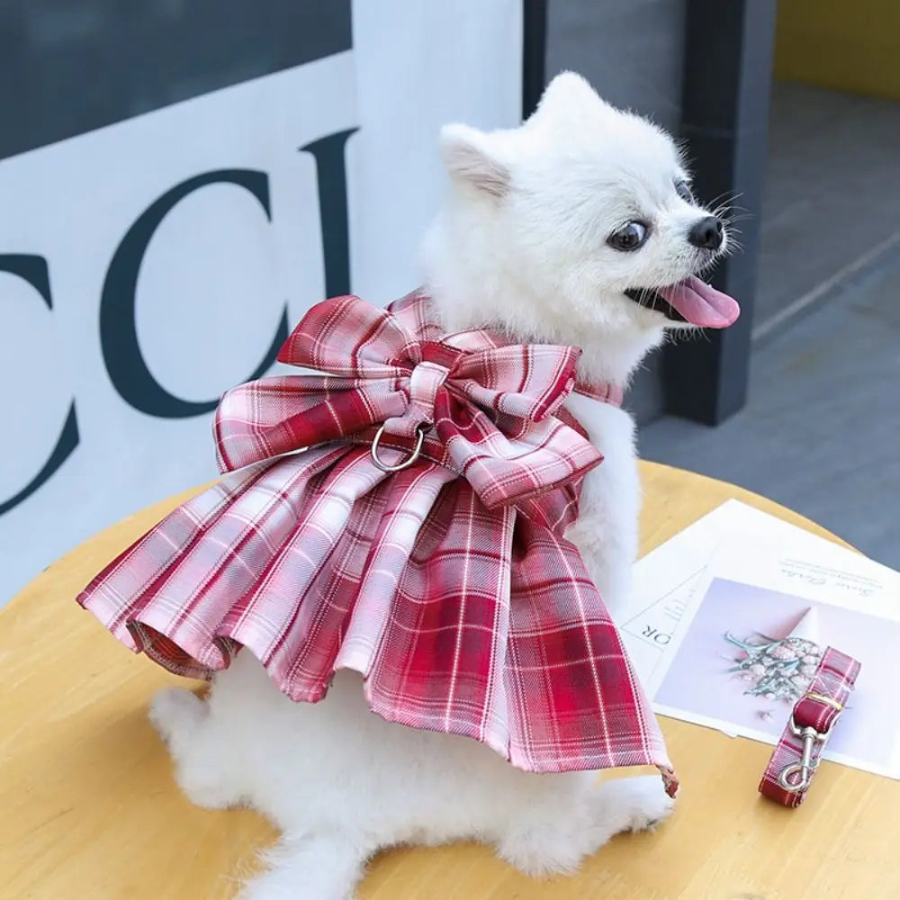 Plaid JK Style Dog Dress With Leash Harness And Bow