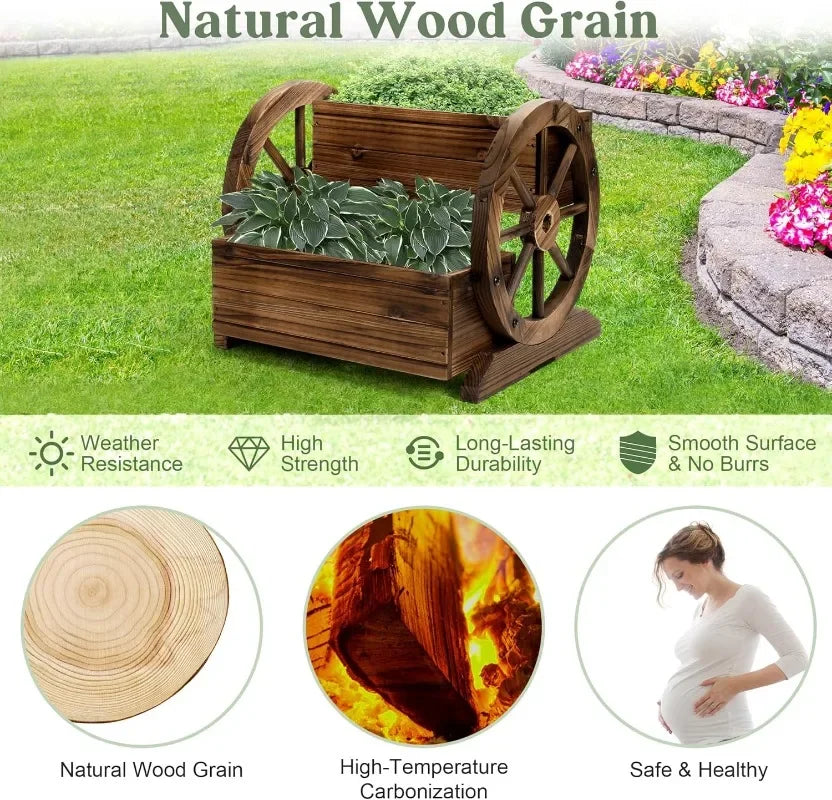 Wooden Wagon Planter Box With Wheels For Indoor Outdoor Decor