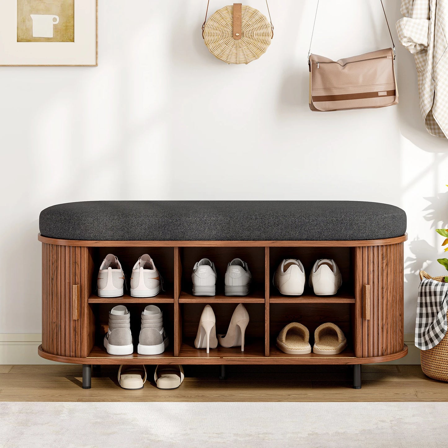 Shoe Storage Bench 3-Tier Organizer With Cushion And Sliding Door