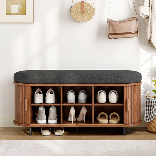 Shoe Storage Bench 3-Tier Organizer With Cushion And Sliding Door