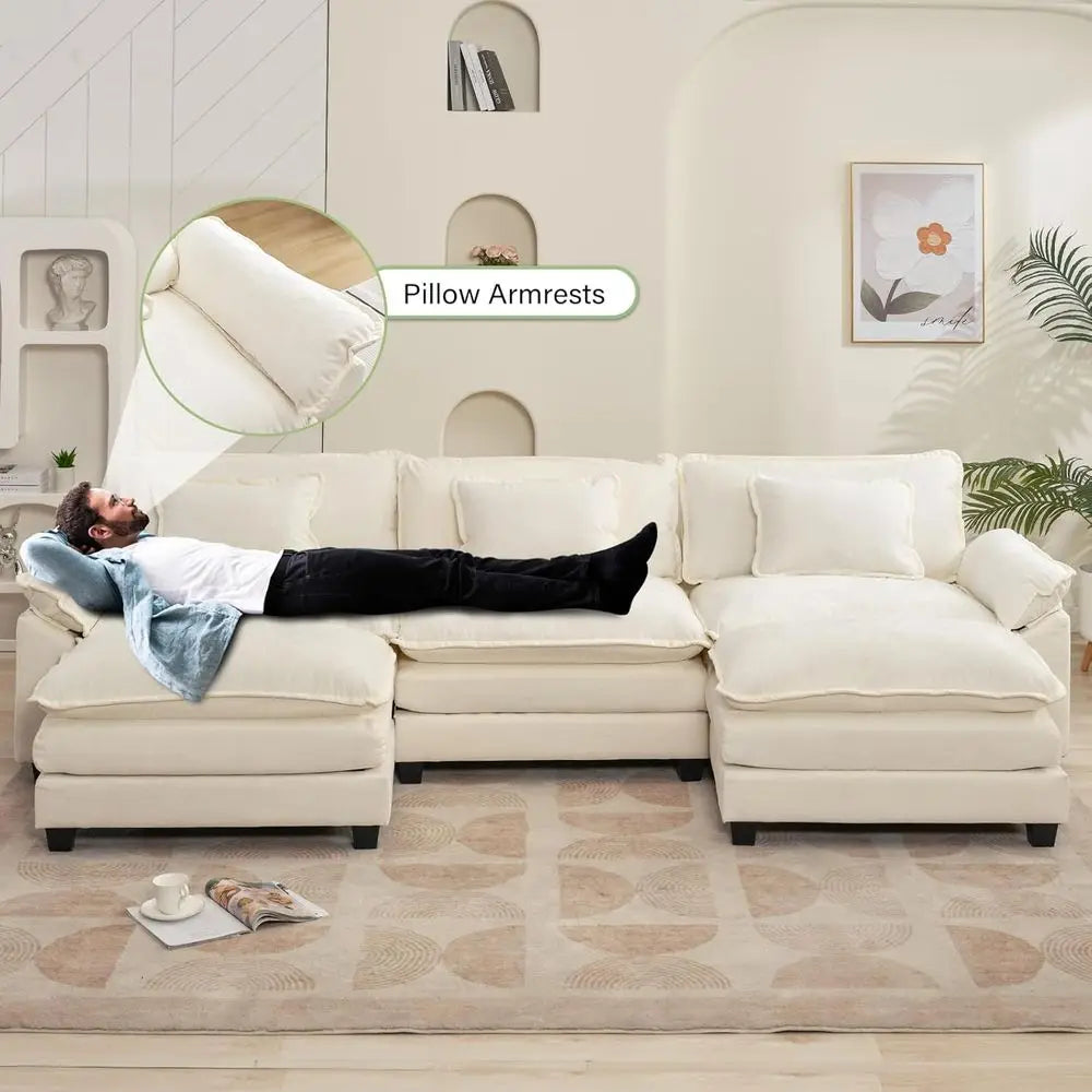 Chaise Sectional Sofa With Ottoman Plush Chenille Sleeper Couch