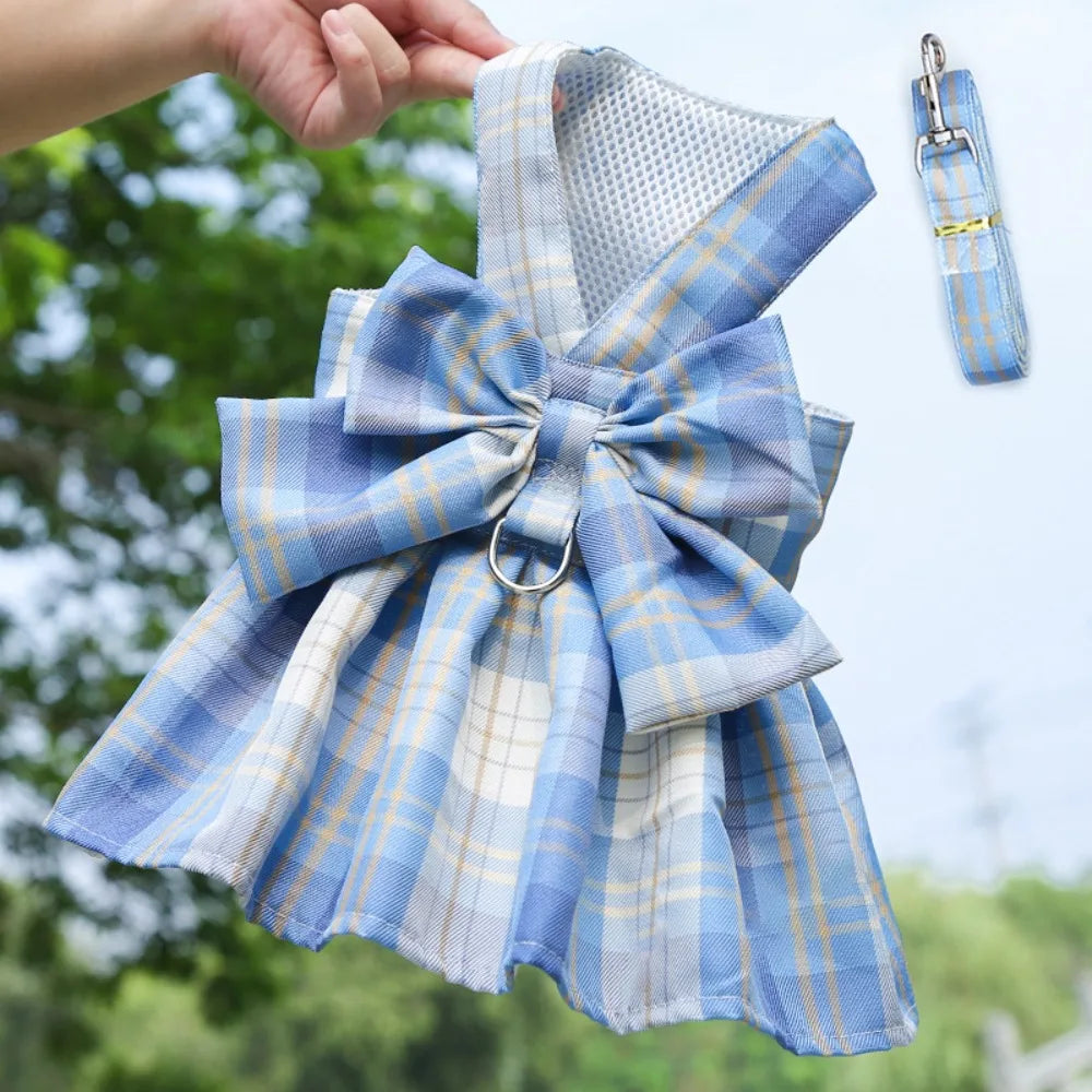 Plaid JK Style Dog Dress With Leash Harness And Bow