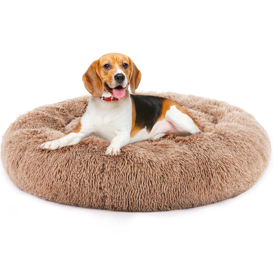 JHK Calming Round Plush Dog Bed Anti-Slip Washable Faux Fur