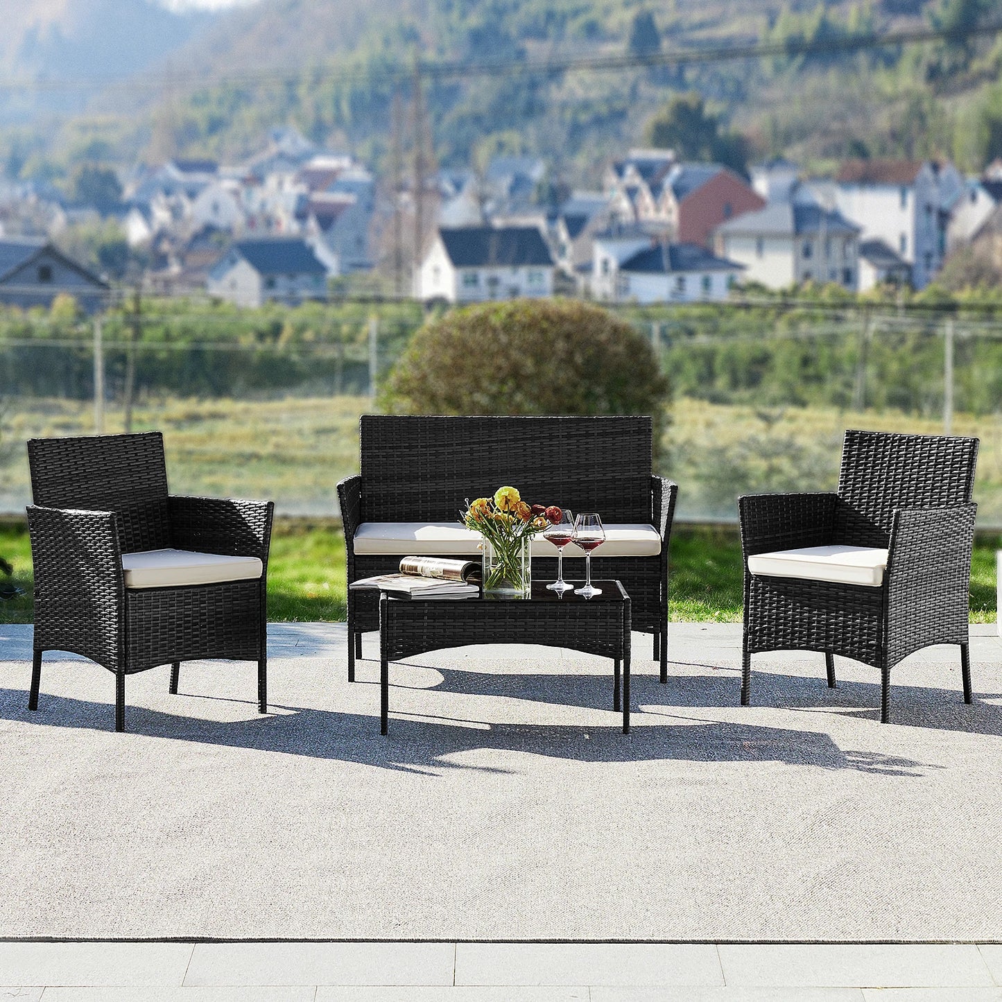 DUMOS 4 Piece Outdoor Patio Furniture Set With Glass Table