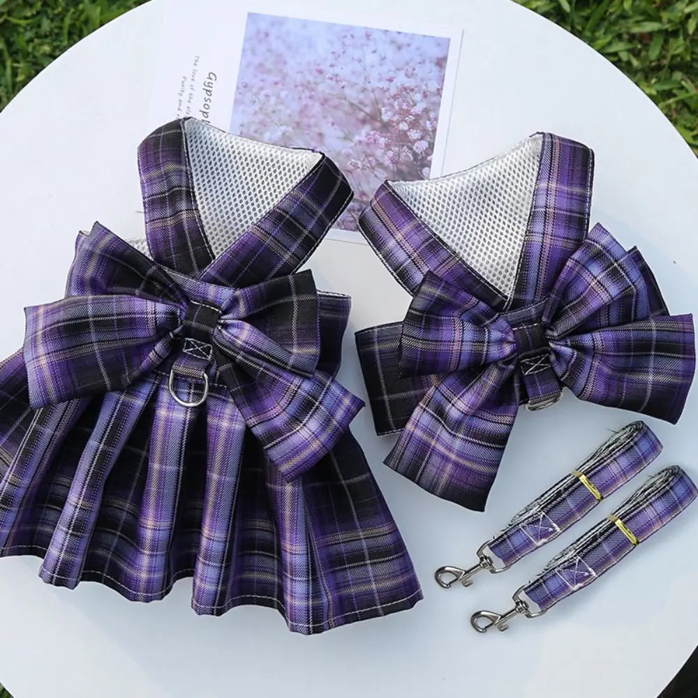 Plaid JK Style Dog Dress With Leash Harness And Bow