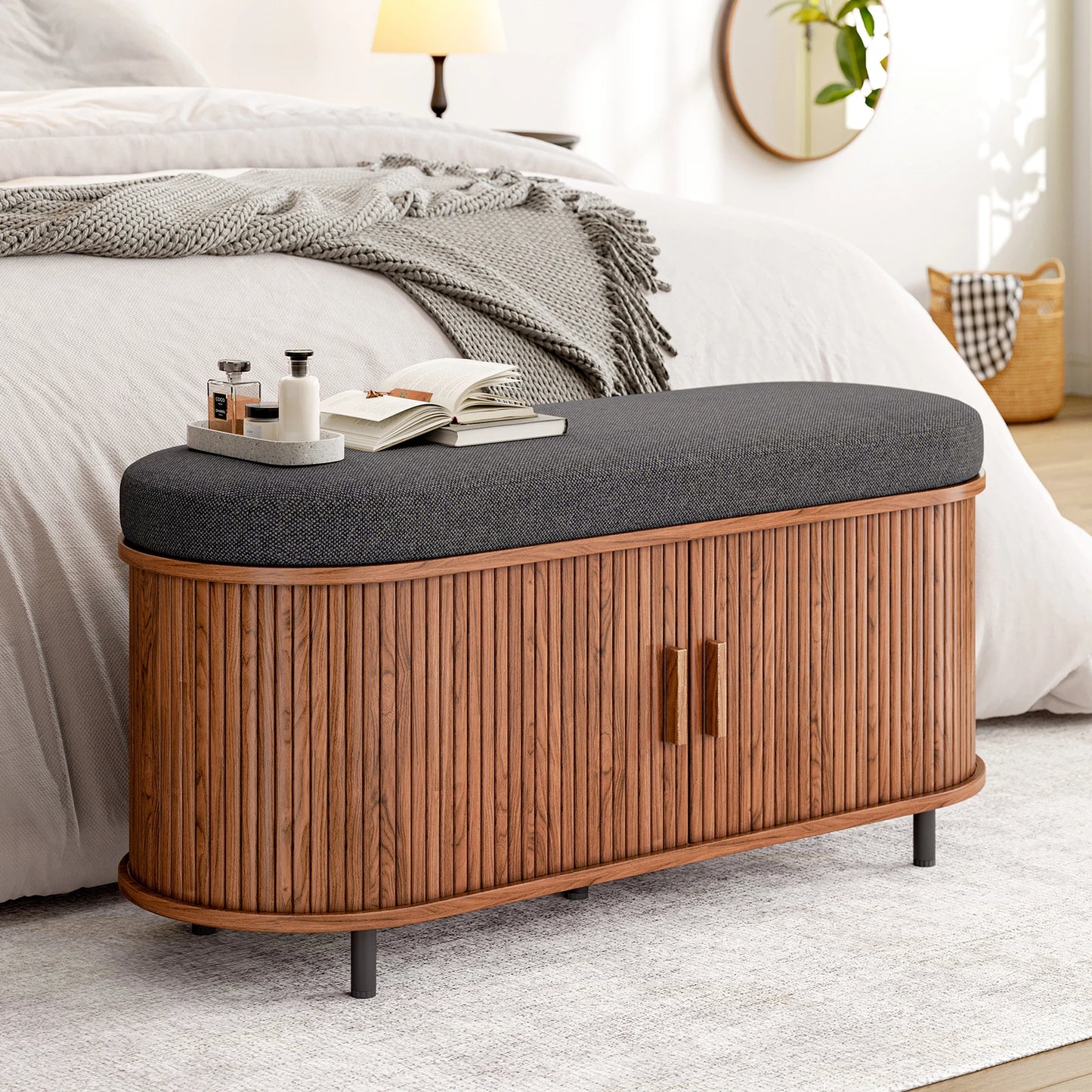 Shoe Storage Bench 3-Tier Organizer With Cushion And Sliding Door