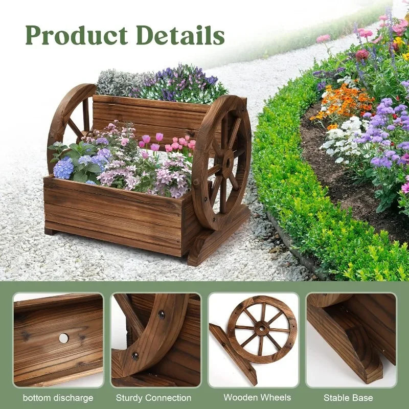 Wooden Wagon Planter Box With Wheels For Indoor Outdoor Decor