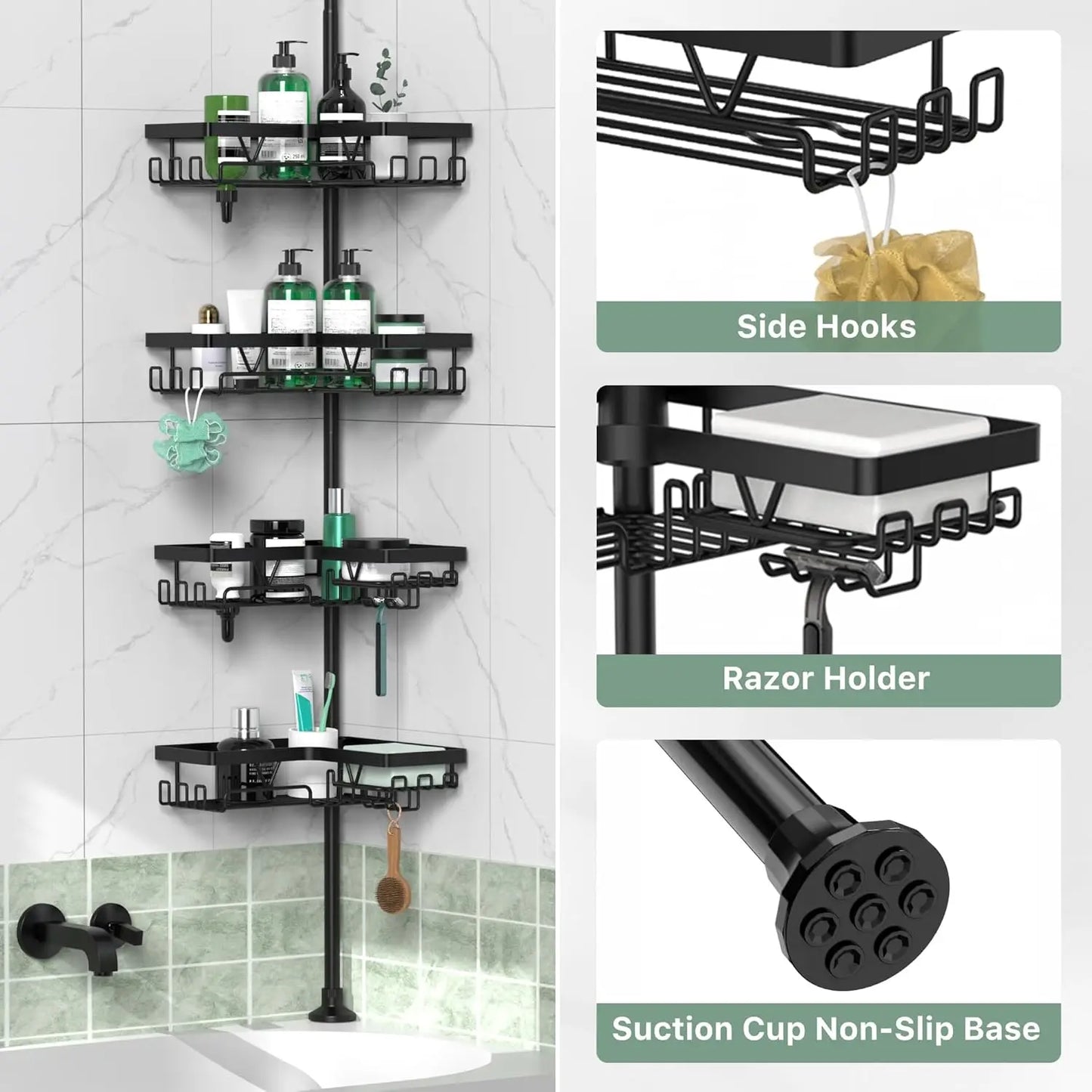 Stainless Steel 4 Tier Adjustable Shower Caddy Tension Pole