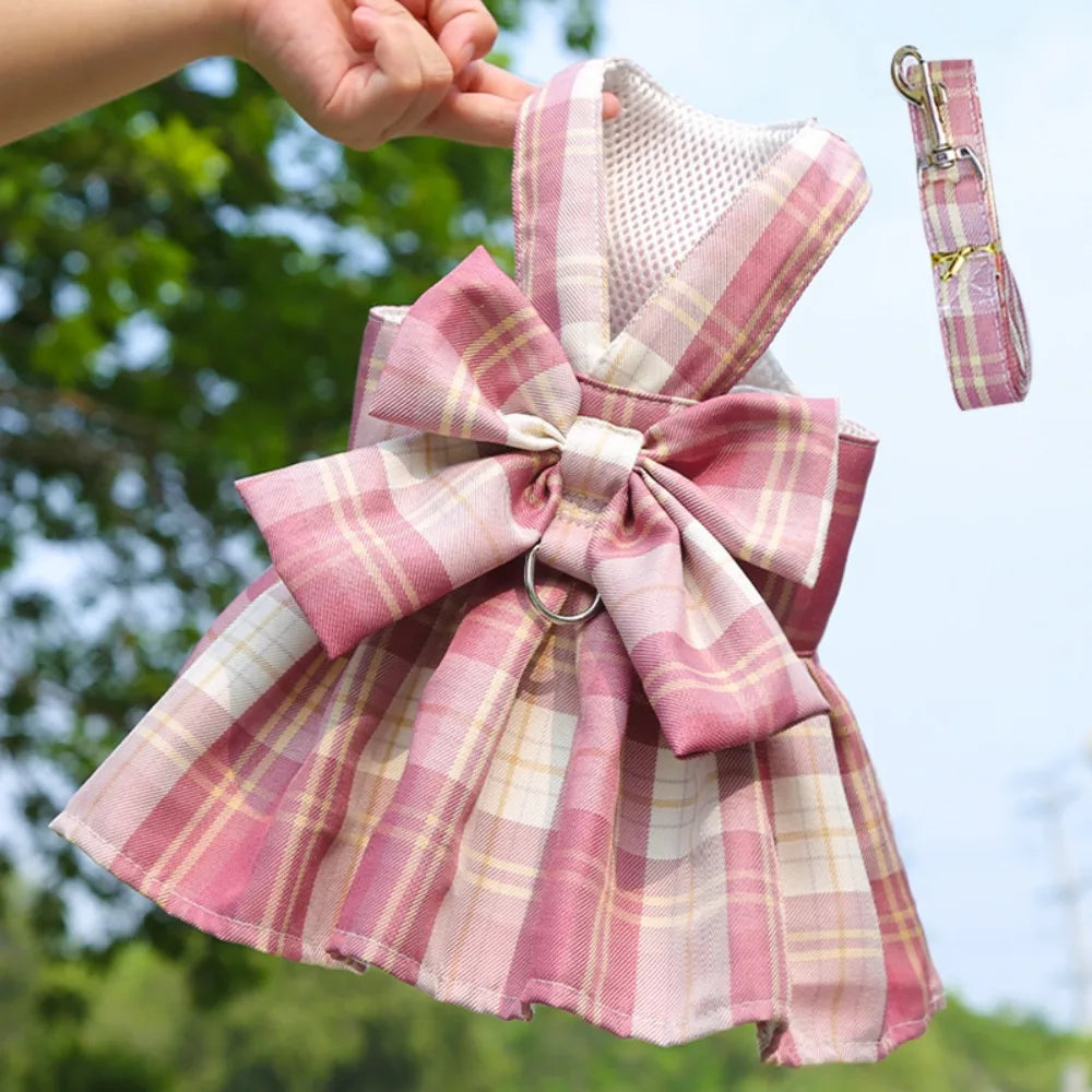 Plaid JK Style Dog Dress With Leash Harness And Bow