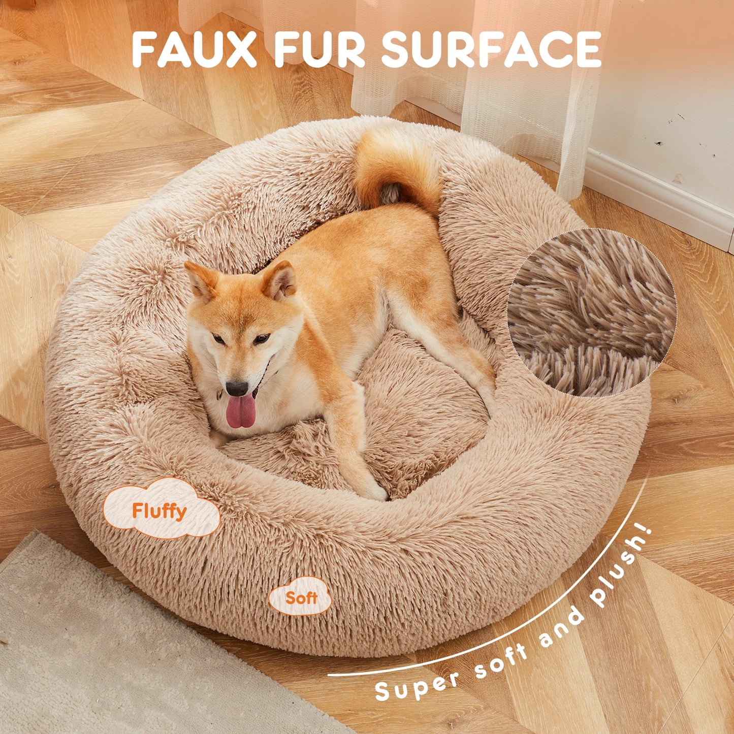 JHK Calming Round Plush Dog Bed Anti-Slip Washable Faux Fur
