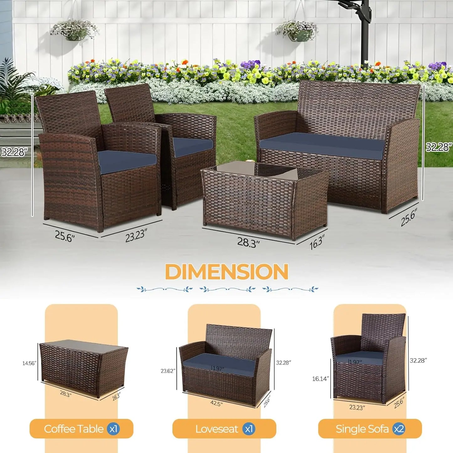 Outdoor 4 Piece Wicker Patio Furniture Set with Table
